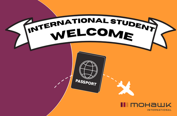Small passport with an airplane logo flying through it. Also a banner with the words "International Student Welcome".