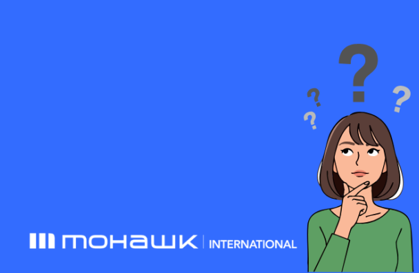 Icon of a woman with four question marks above her head and Mohawk International logo at the bottom
