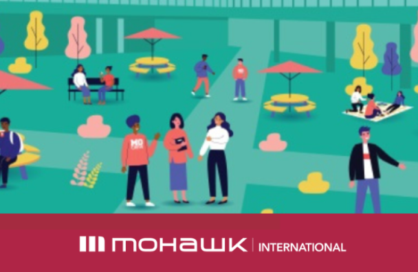 Banner with graphics of people standing and sitting together outdoors and the Mohawk International logo