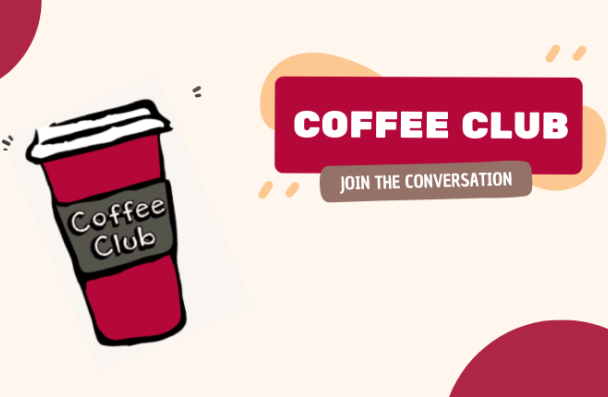 icon of a cup of coffee with a lid and the text Coffee Club on the cup. 