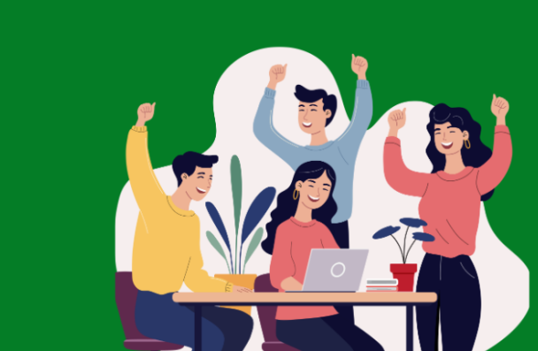 Icon of a group of four students working around a laptop