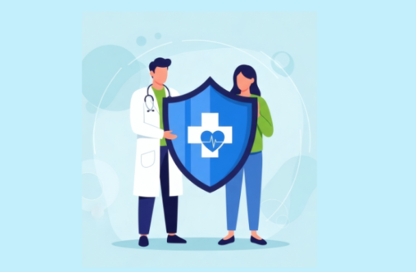 Icon of a woman and a man wearing a white coat and holding together a big sign with a white cross and a heart on it