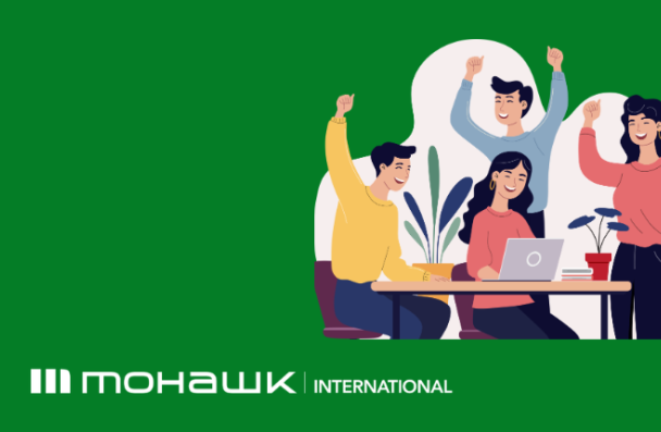 Banner with an icon of a group of four students working around a laptop and the Mohawk International logo at the left bottom section