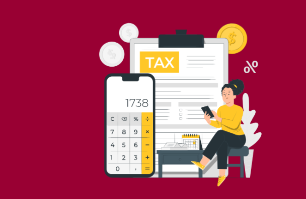 icon of a woman sitting on a chair, next to a large calculator and sheet that reads TAX on it