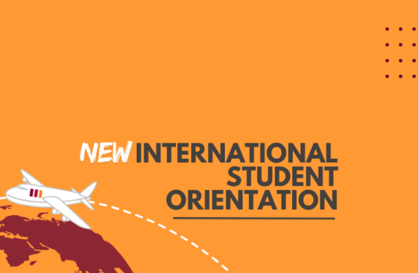 An icon showing a portion of the Earth and a plan flying above. The text reads New International Student Orientation