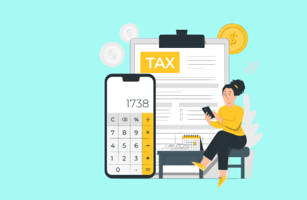 icon of a woman sitting on a chair, next to a large calculator and sheet that reads TAX on it