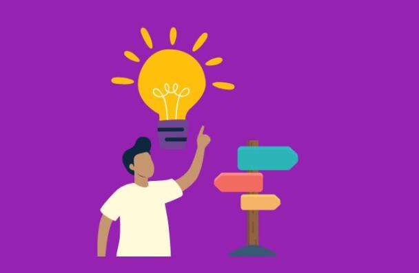 Icon of a person pointing at a large lightbulb above his head. Next to the person there is an icon of a sign with three arrows pointing at different directions
