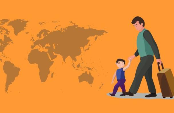 World map on an orange background and an icon of an adult man holding a child's hand and a suitcase