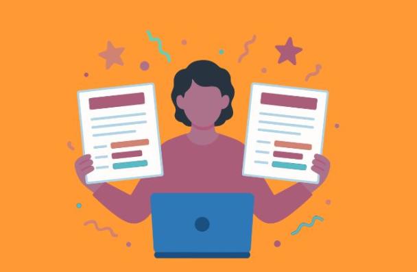 icon of a person in front of a laptop holding a page on each hand