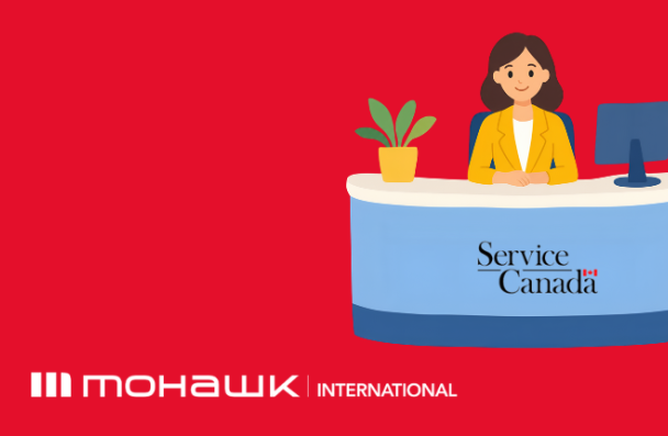 Logo of a person sitting behind a desk and Mohawk International Logo