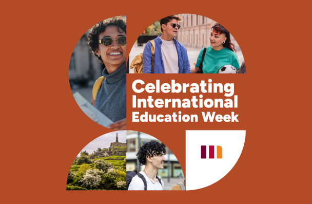Four pictures of students abroad with message that reads Celebrating International Education Week