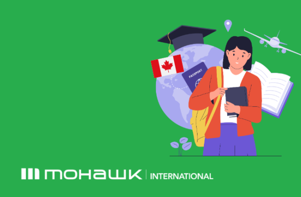 icon of a person holding a book and backpack and an image of the Earth, a passport, Canadian flag, airplane and graduate hat behind. Mohawk International logo