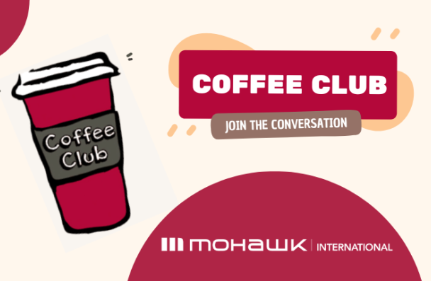 Banner with a coffee cup on it and the word Coffee Club Join the Conversation 