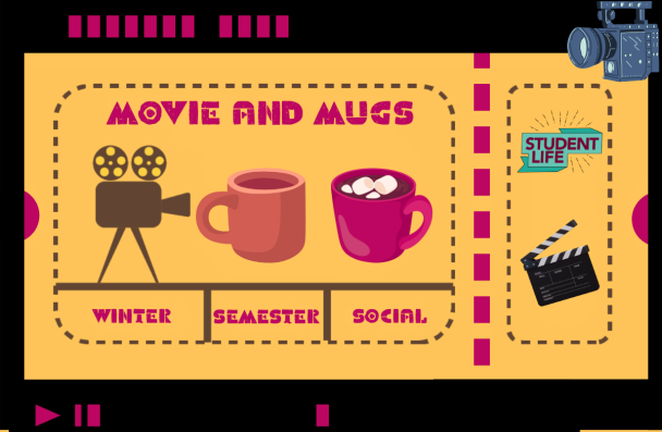 Colorful event poster promoting a Movie and Mugs event with icons of a film camera and mugs with hot beverages.