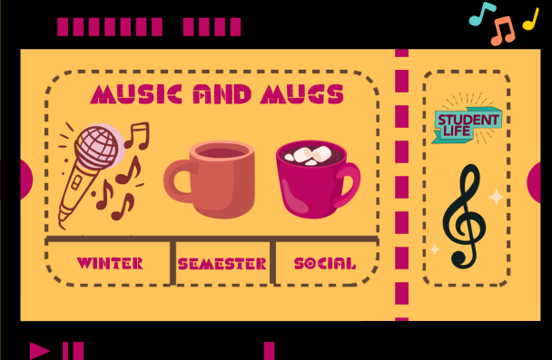 Colorful event poster promoting a Music and Mugs event featuring music icons and mugs of hot drinks.
