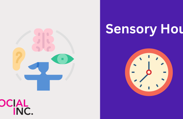 Image of senses (ear, brain, eye), clock to represent the sensory hour