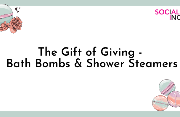 Graphic pictures of bath bombs, green and white background. Words say: The Gift of Giving - Bath Bombs & Shower Steamers