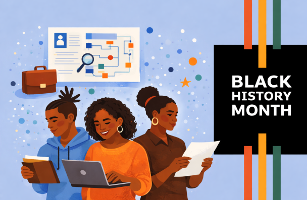 Black History Month text, yellow, red and green lines, group of people working