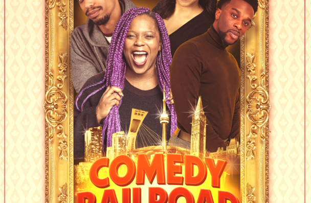 A group of four individuals with the text "Comedy Railroad" 