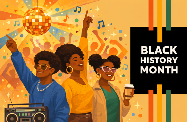 Black History Month text, yellow, red and green lines,  group of people dancing 