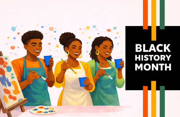 Black History Month text, yellow, red and green lines, group of people enjoying painting, holding blue cups