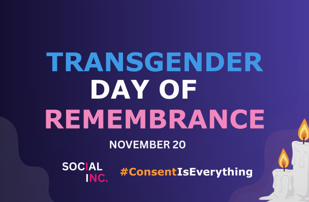 Graphic for Transgender Day of Remembrance with bold blue and pink headline, date November 20, and two lit memorial candles on a dark purple background.
