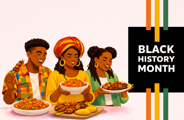 Black History Month text, yellow, red and green lines,  group of people enjoying some food