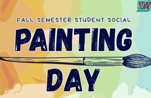 Picture of a paintbrush with the words, 'Fall Semester Student Social - Painting Day'