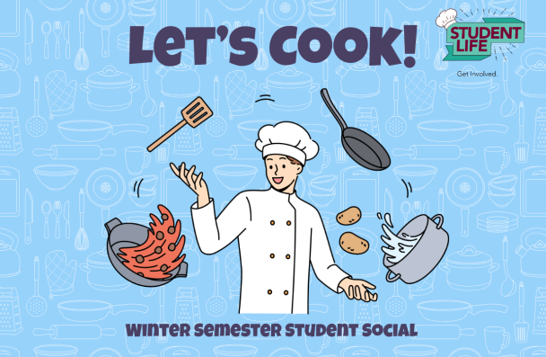 a chef juggling cooking items - a pot, pans, spatula, and ingredients