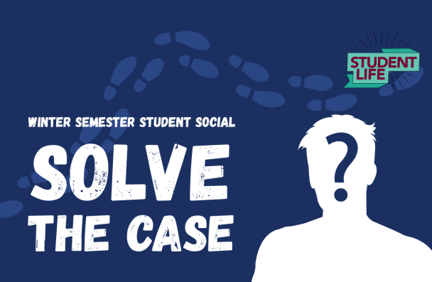 A blue graphic reading "solve the case" with a trail of footprints and silouhette of a mystery person.