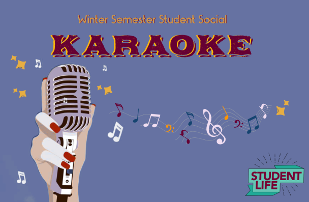 hand holding a microphone, music notes