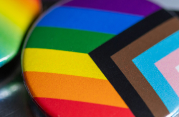 An image of a table with a progress pride flag button on it
