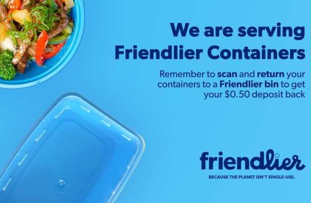 Friendlier Digital Screen that showcases blue container and has deposit info on Friendlier 