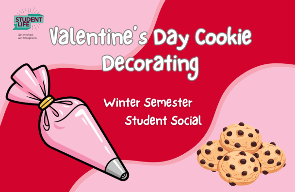 Pink and red graphic with cookies and icing, announcing a Valentine’s Day cookie-decorating event.