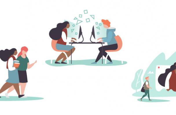 cartoon images of people walking and working on computers