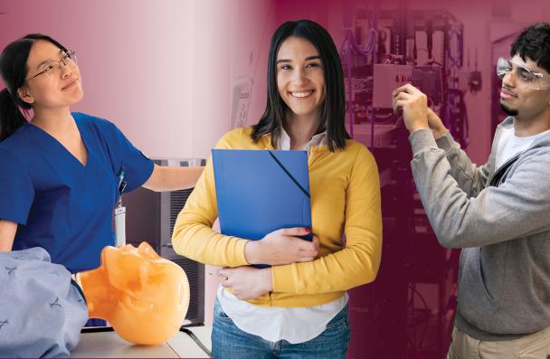 Three students on a deep red background