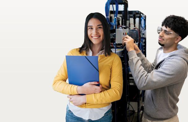 A student with books and a student working on electrical placed on a white background