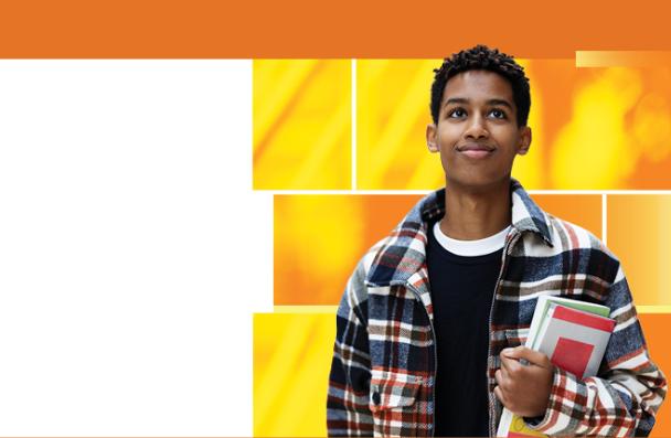 Student on orange background holding books