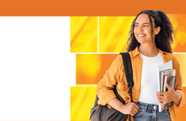 Student on orange background holding books