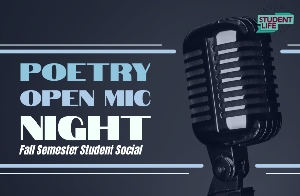 Illustrated image showing a retro mic and text for 'Poetry Open Mic Night' with the Student Life logo.