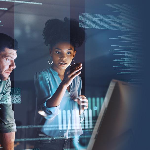 Woman and man looking at digital health screen