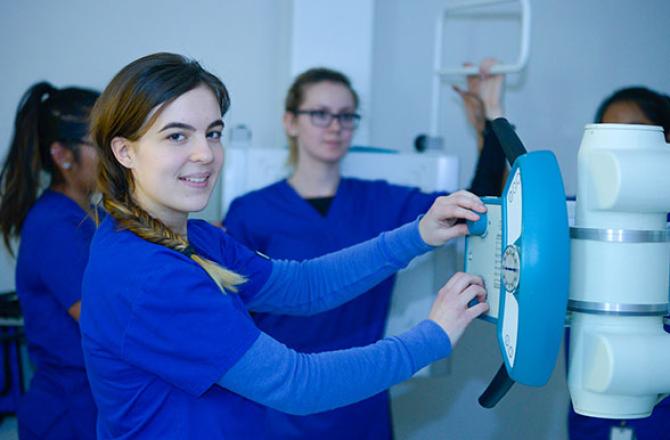 Mohawk College medical radiation sciences students in the college's radiation lab.