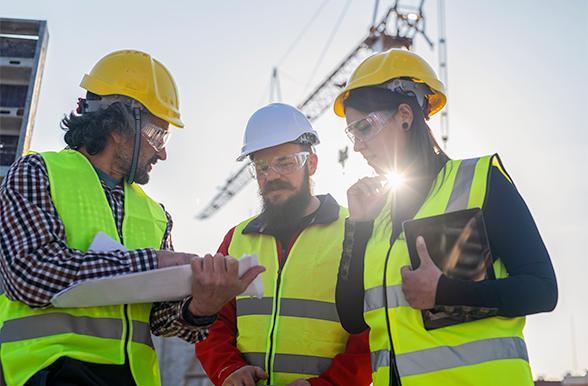 Three workers reviewing plans in front of a crane