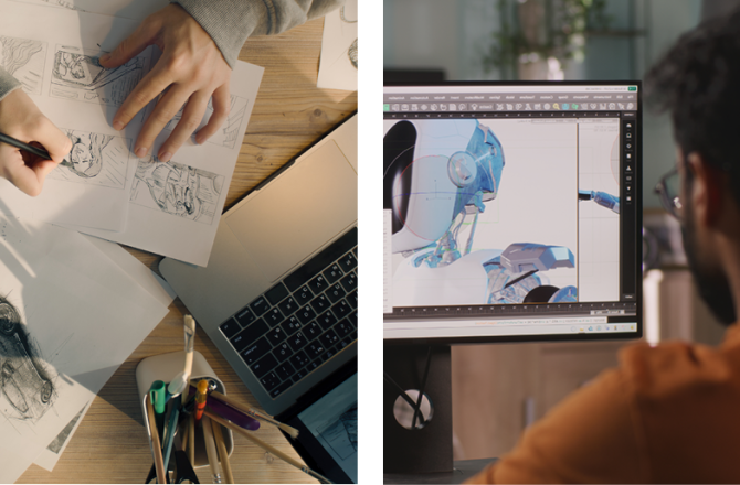 illustrative sketches alongside 3d rederings on a computer