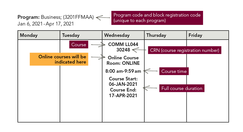 Timetable for an online course with instructions explaining each section